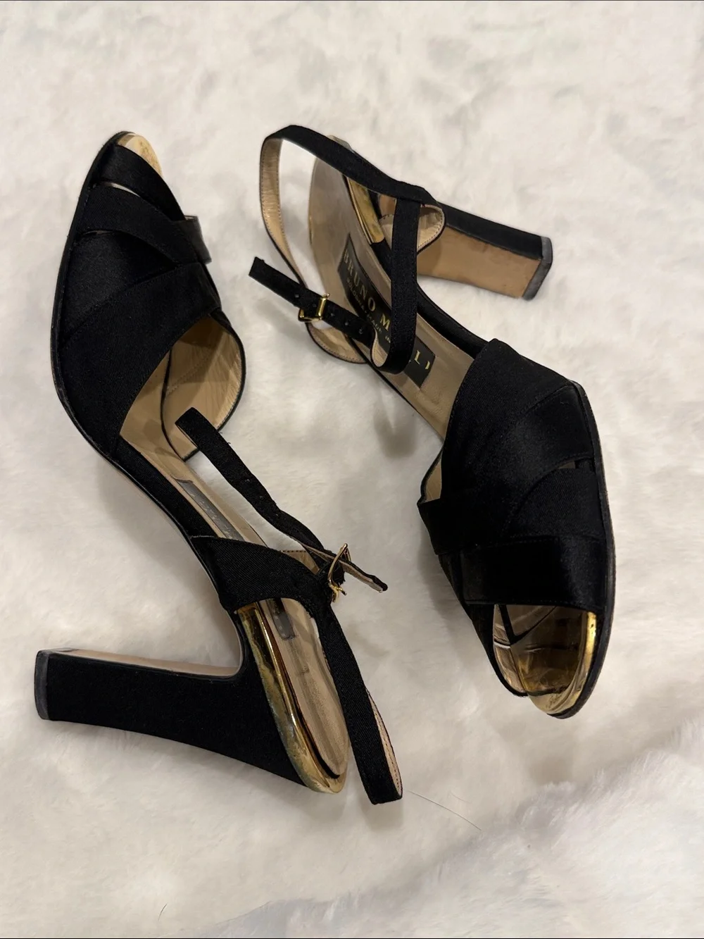 Bruno Magli Black Satin Crisscross Peep Toe Slingback Heels